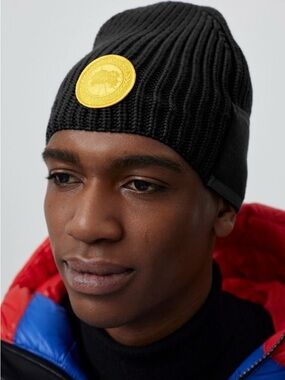 Canada Goose Black Ribbed Beanie with Gold Logo Patch